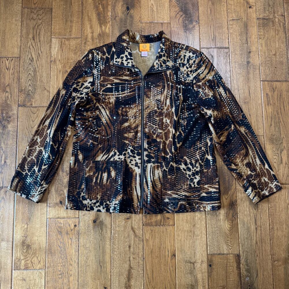 Ruby Rd Jacket Women's Size 18 Shiny Textured Cheetah Animal Print Full Zip